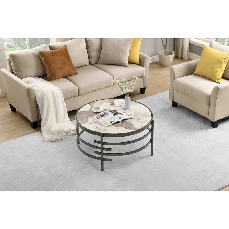 Round Coffee Table with Sintered Stone Top and Metal Frame