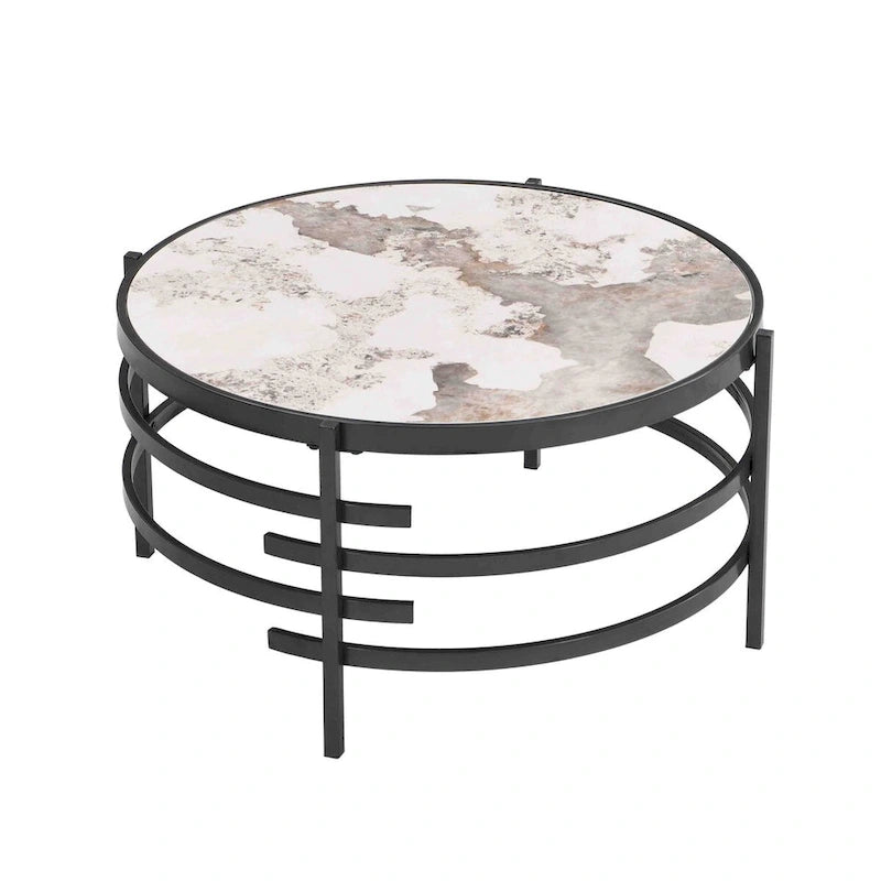 Round Coffee Table with Sintered Stone Top and Metal Frame