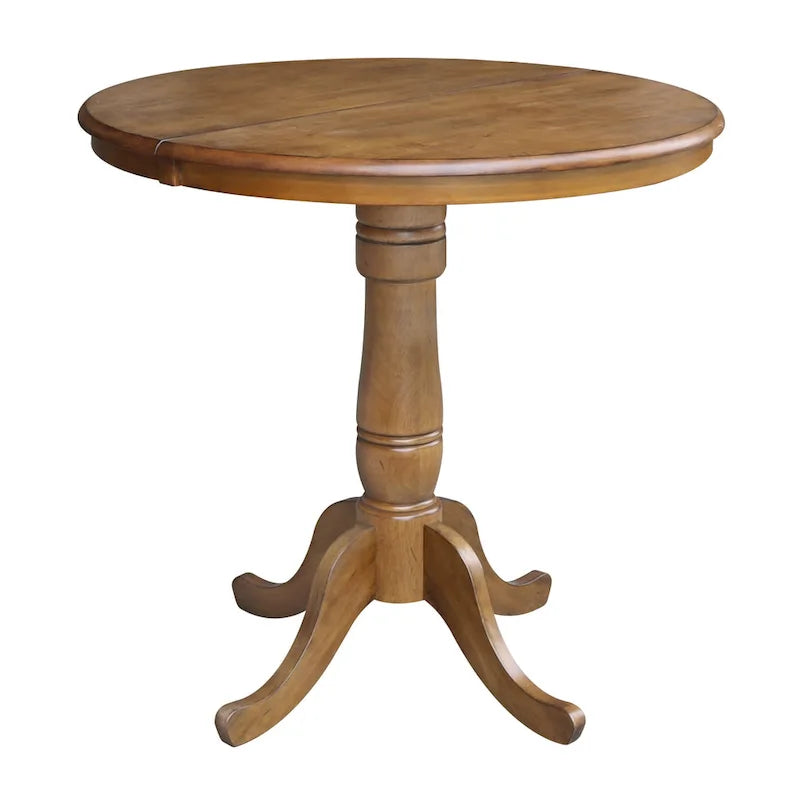 Round Pedestal Dining Table with Extension Leaf Pecan Finish