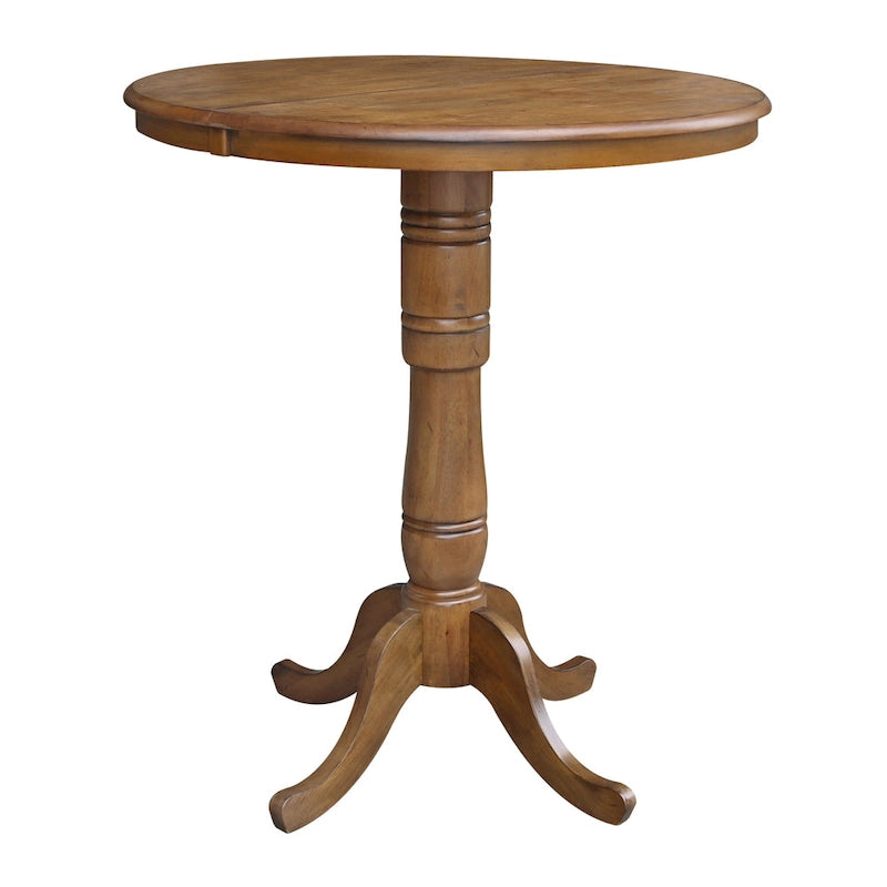 Round Pedestal Dining Table with Extension Leaf Pecan Finish