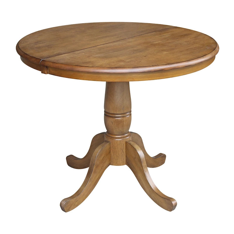 Round Pedestal Dining Table with Extension Leaf Pecan Finish