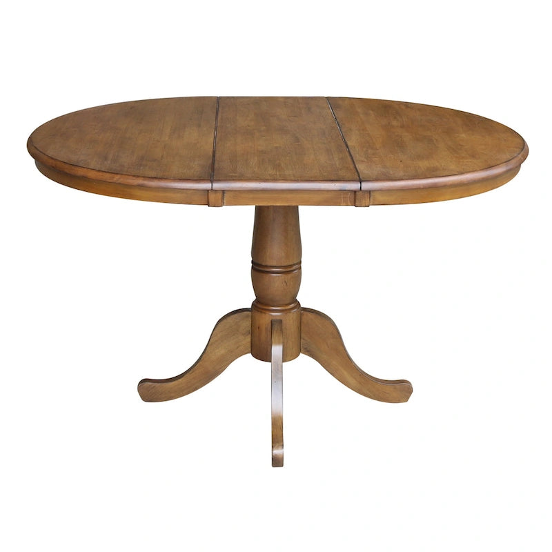 Round Pedestal Dining Table with Extension Leaf Pecan Finish