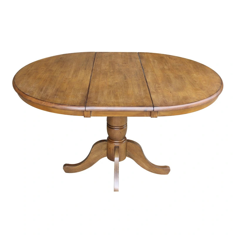 Round Pedestal Dining Table with Extension Leaf Pecan Finish