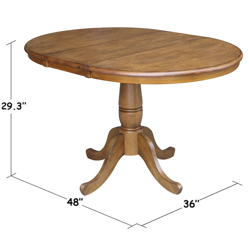 Round Pedestal Dining Table with Extension Leaf Pecan Finish