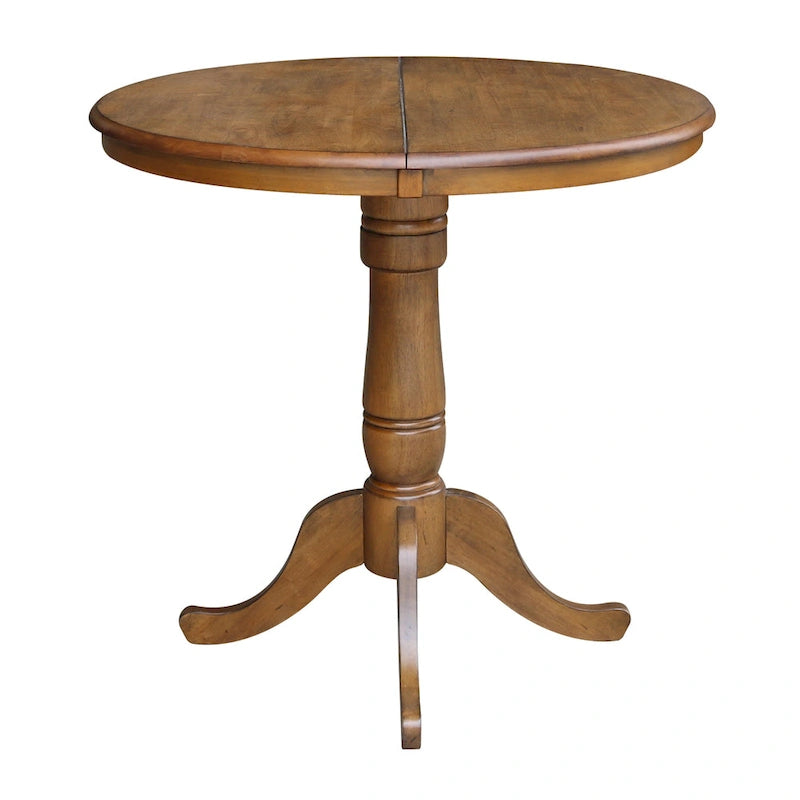 Round Pedestal Dining Table with Extension Leaf Pecan Finish