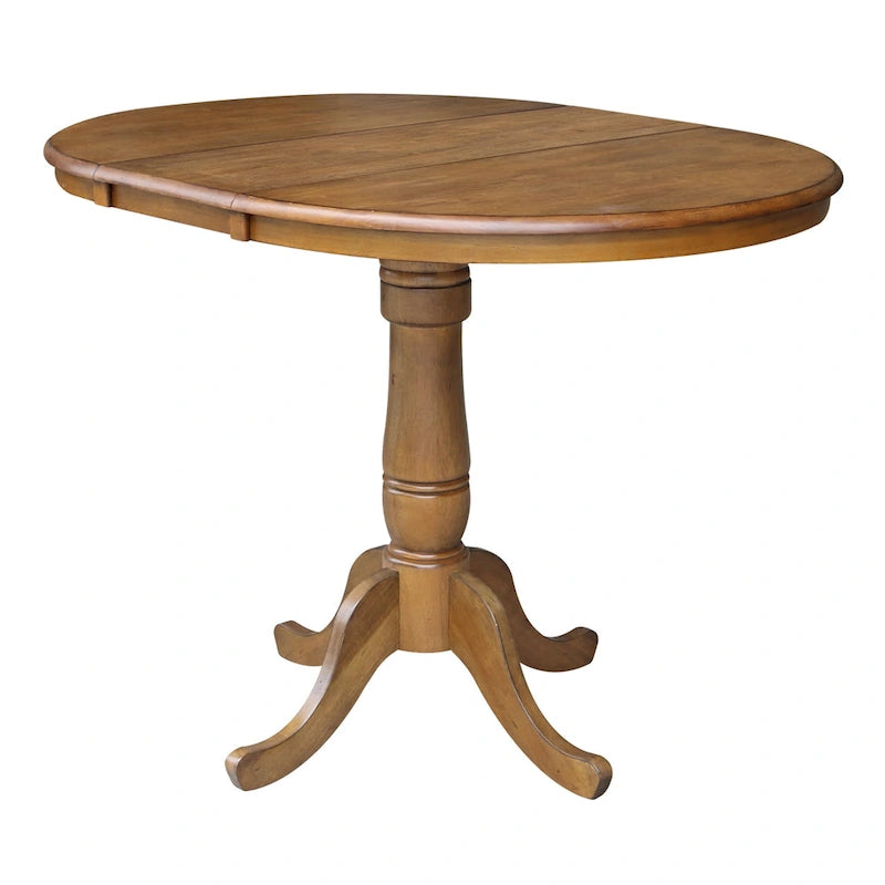 Round Pedestal Dining Table with Extension Leaf Pecan Finish