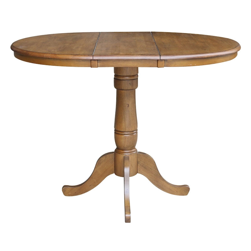 Round Pedestal Dining Table with Extension Leaf Pecan Finish