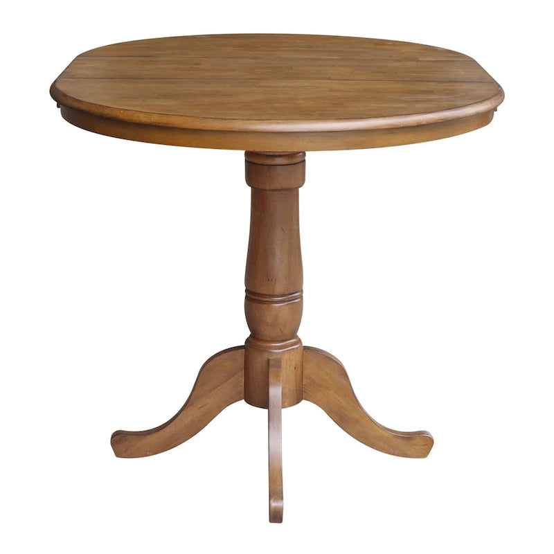 Round Pedestal Dining Table with Extension Leaf Pecan Finish