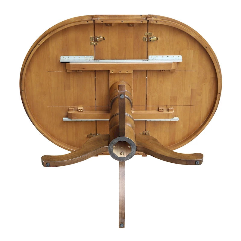 Round Pedestal Dining Table with Extension Leaf Pecan Finish